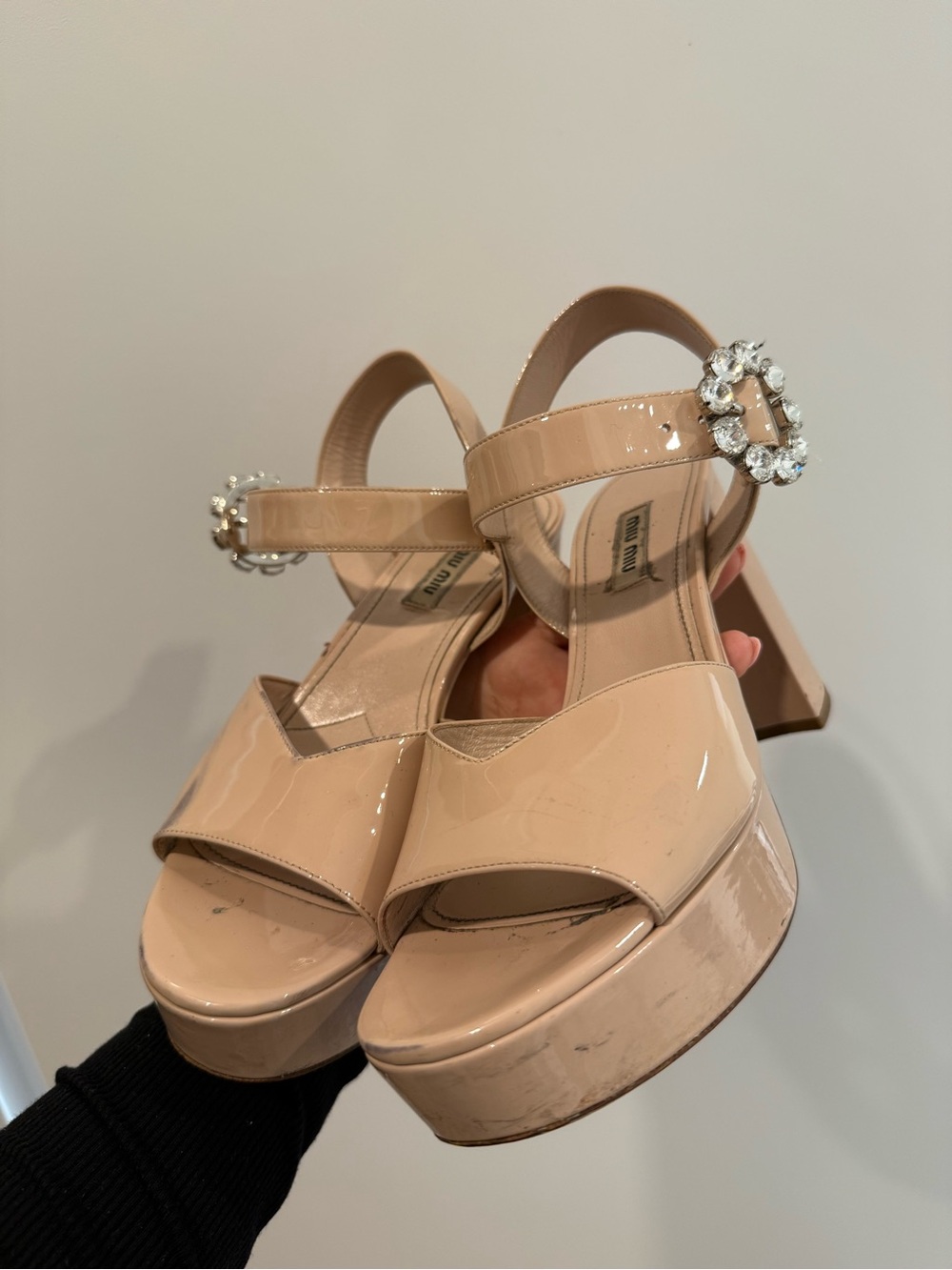 Miu Miu Nude Patent Platform Sandals with Crystal Buckle
